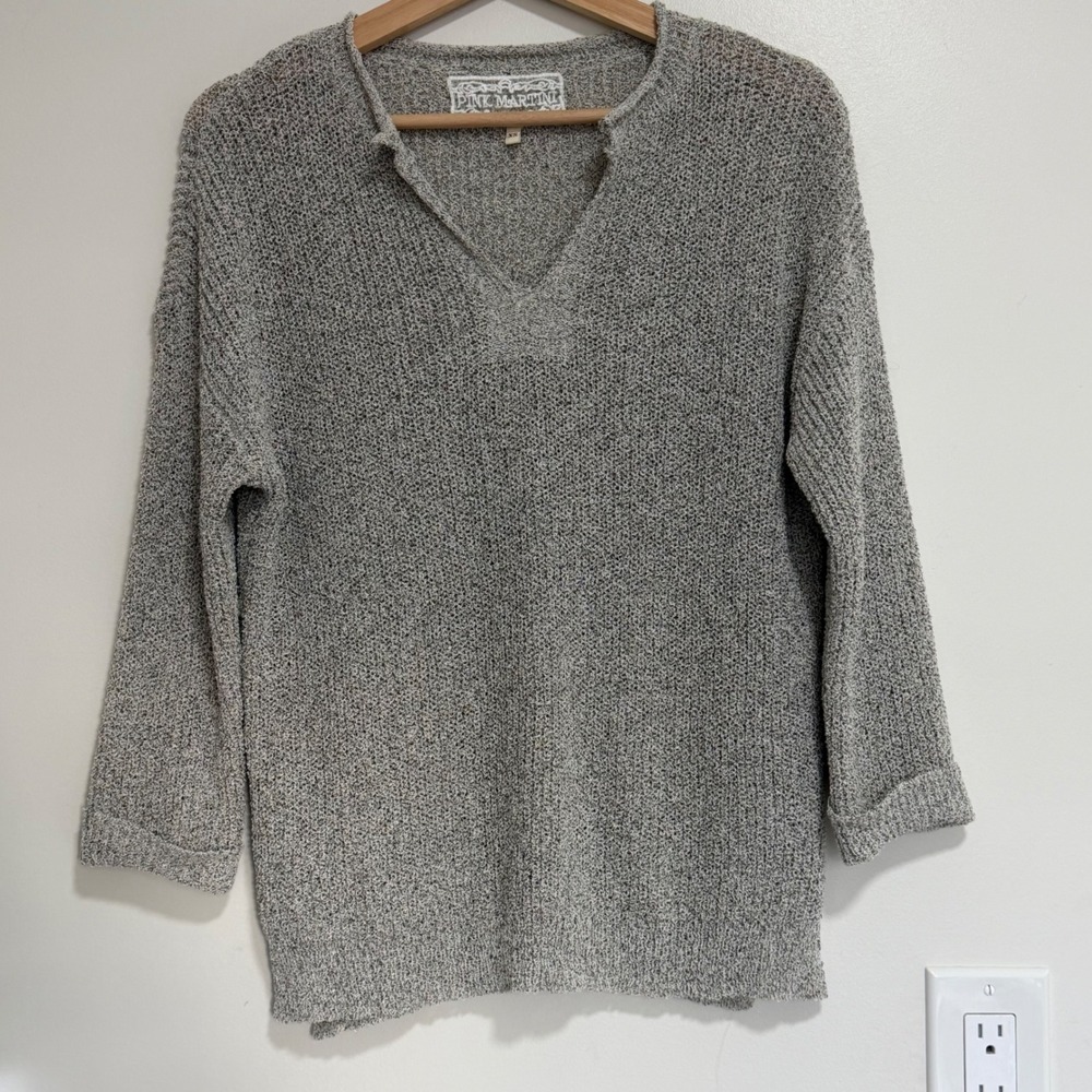 Pink Martini V-Neck Knit Sweater Womens XS Grey Marled Pullover